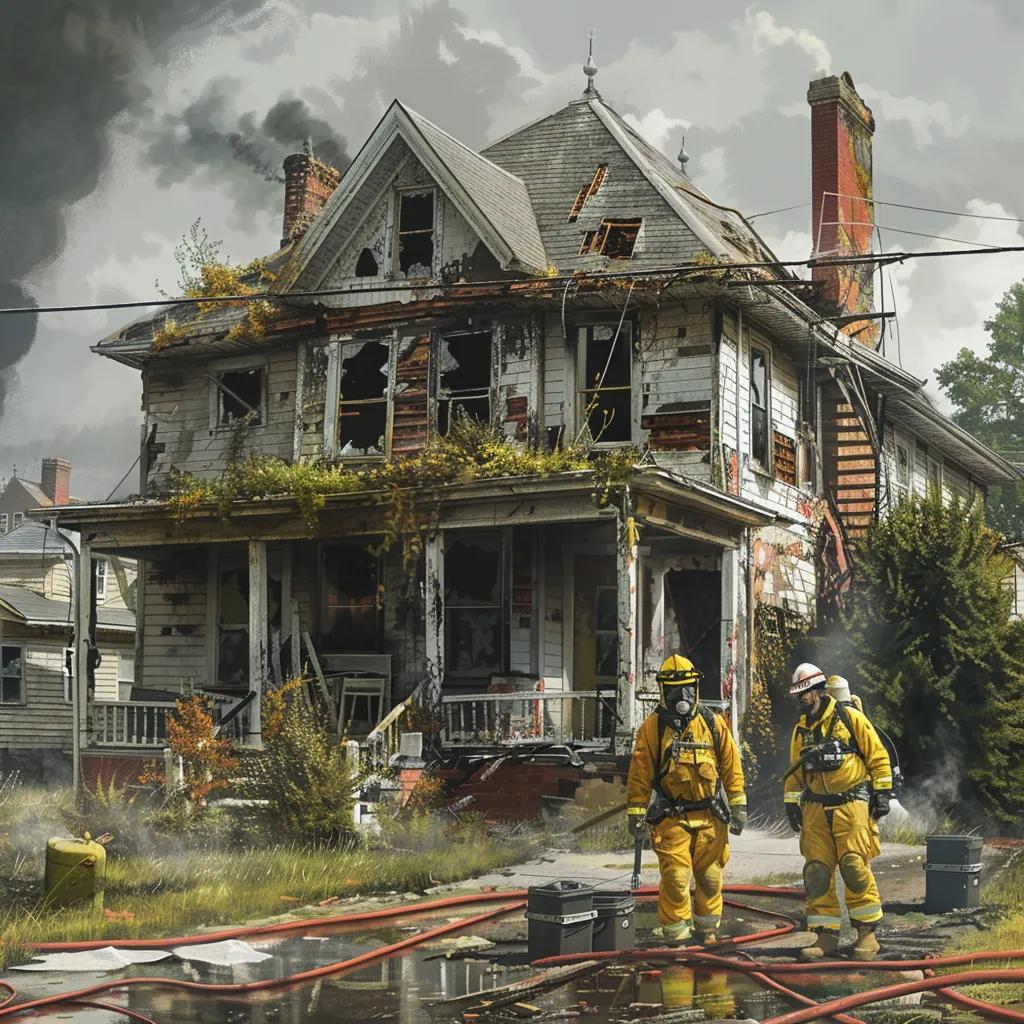 Fire damage restoration professionals assessing a damaged home