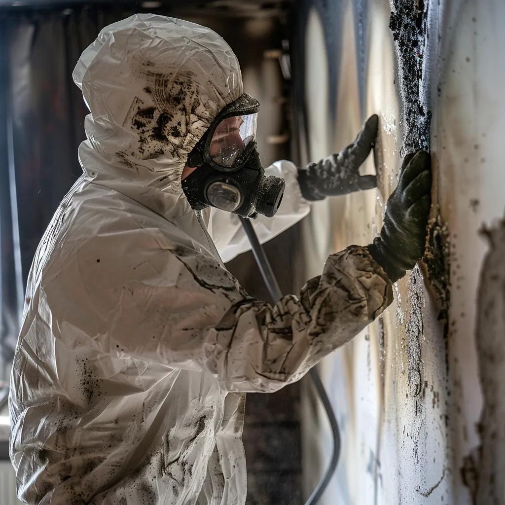 Professional technician cleaning oily soot after furnace puff back