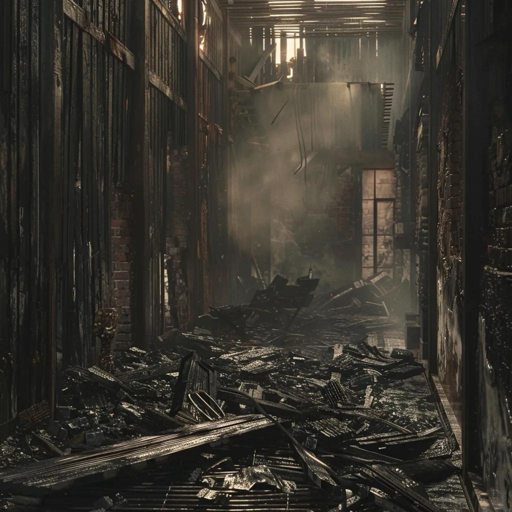 Fire damage aftermath with charred materials and smoke residue