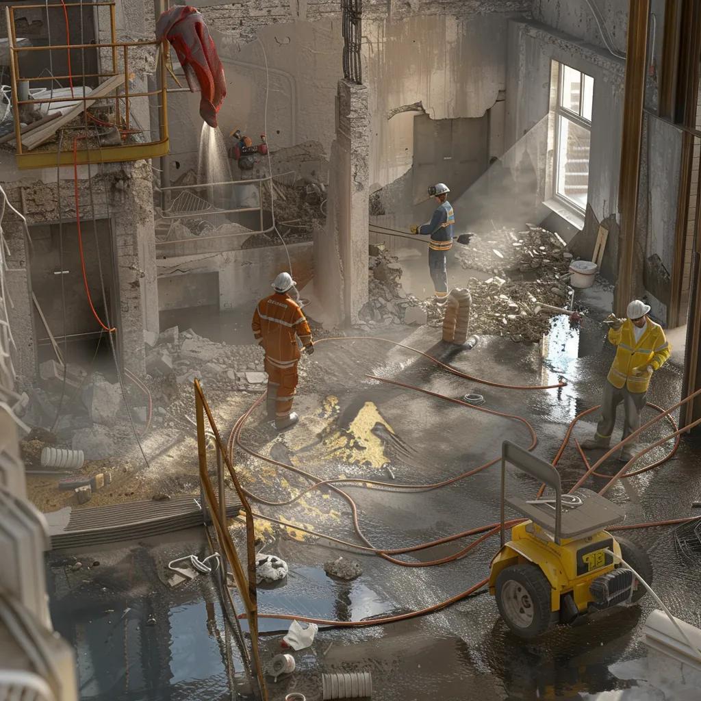 Professionals engaged in various phases of fire damage restoration