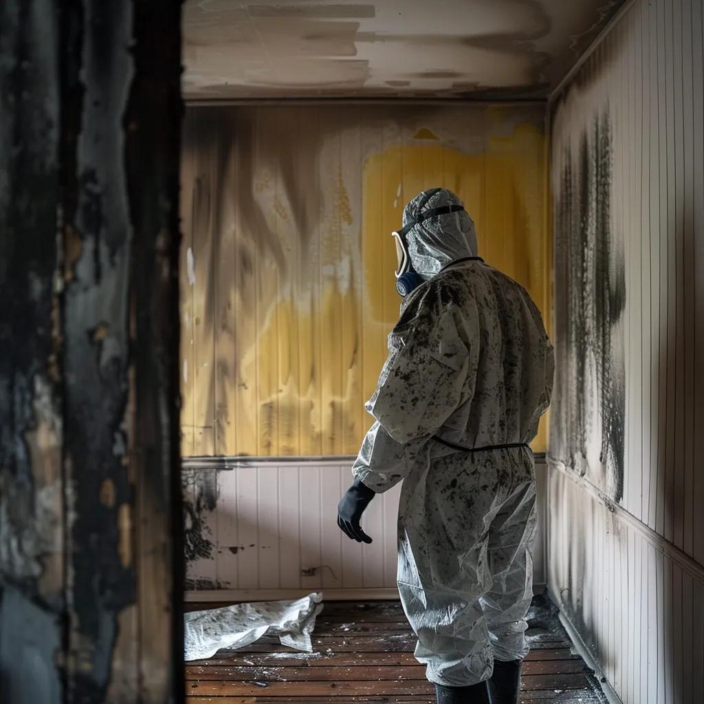 Homeowner assessing soot damage in a room after a puff back incident