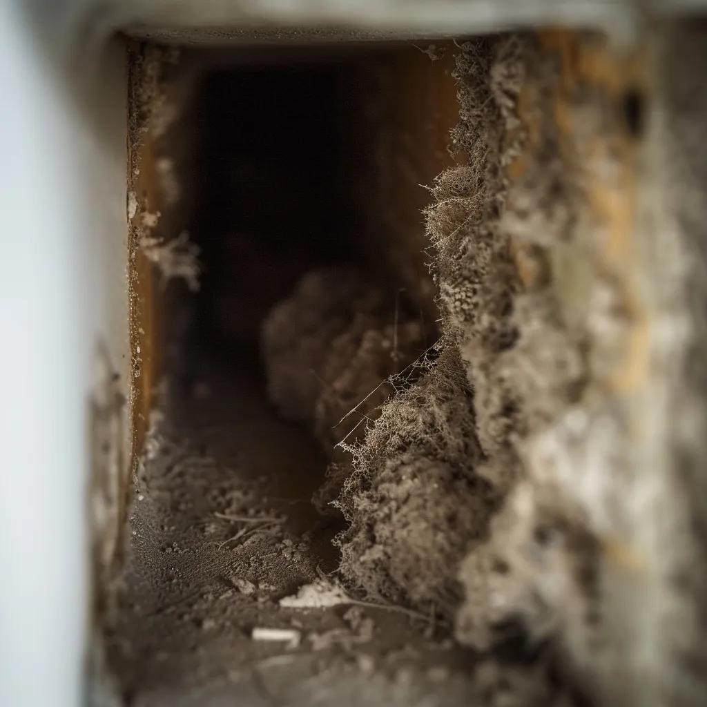 Close-up of mold growth inside an HVAC duct, illustrating health risks from contaminated air