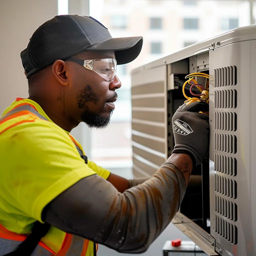 HVAC technician cleaning air conditioning unit in NYC apartment for improved indoor air quality