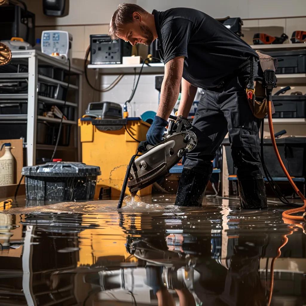 Technician using industrial equipment for water extraction in a flooded area, showcasing water damage restoration efforts