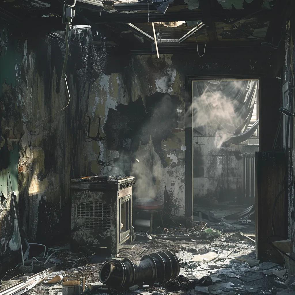 Interior of a home showing puff back damage with soot on walls and HVAC ducts