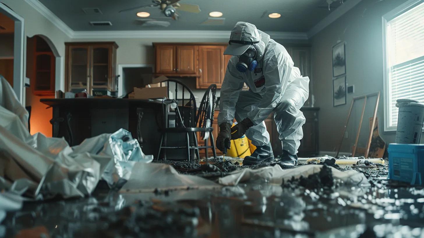 a focused restoration technician in full safety gear diligently assesses a storm-damaged living room, surrounded by advanced equipment and clear signage emphasizing safety protocols. a focused restoration technician in full safety gear diligently assesses a storm-damaged living room, surrounded by advanced equipment and clear signage emphasizing safety protocols.