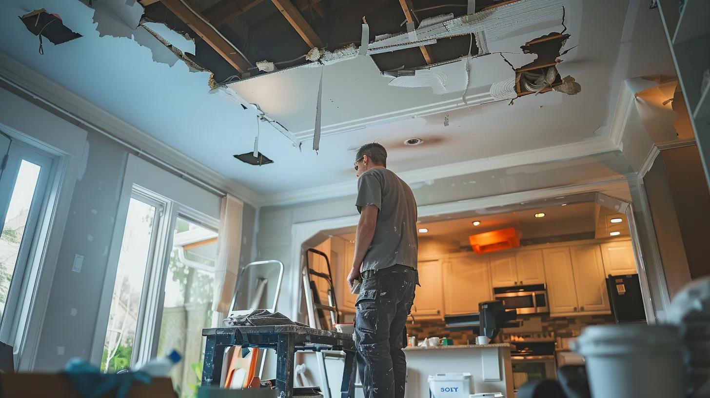 a focused technician carefully evaluating storm-damaged drywall in a modern, well-lit living room, surrounded by tools and safety equipment, highlights the importance of thorough damage assessment after a storm. a focused technician carefully evaluating storm-damaged drywall in a modern, well-lit living room, surrounded by tools and safety equipment, highlights the importance of thorough damage assessment after a storm.