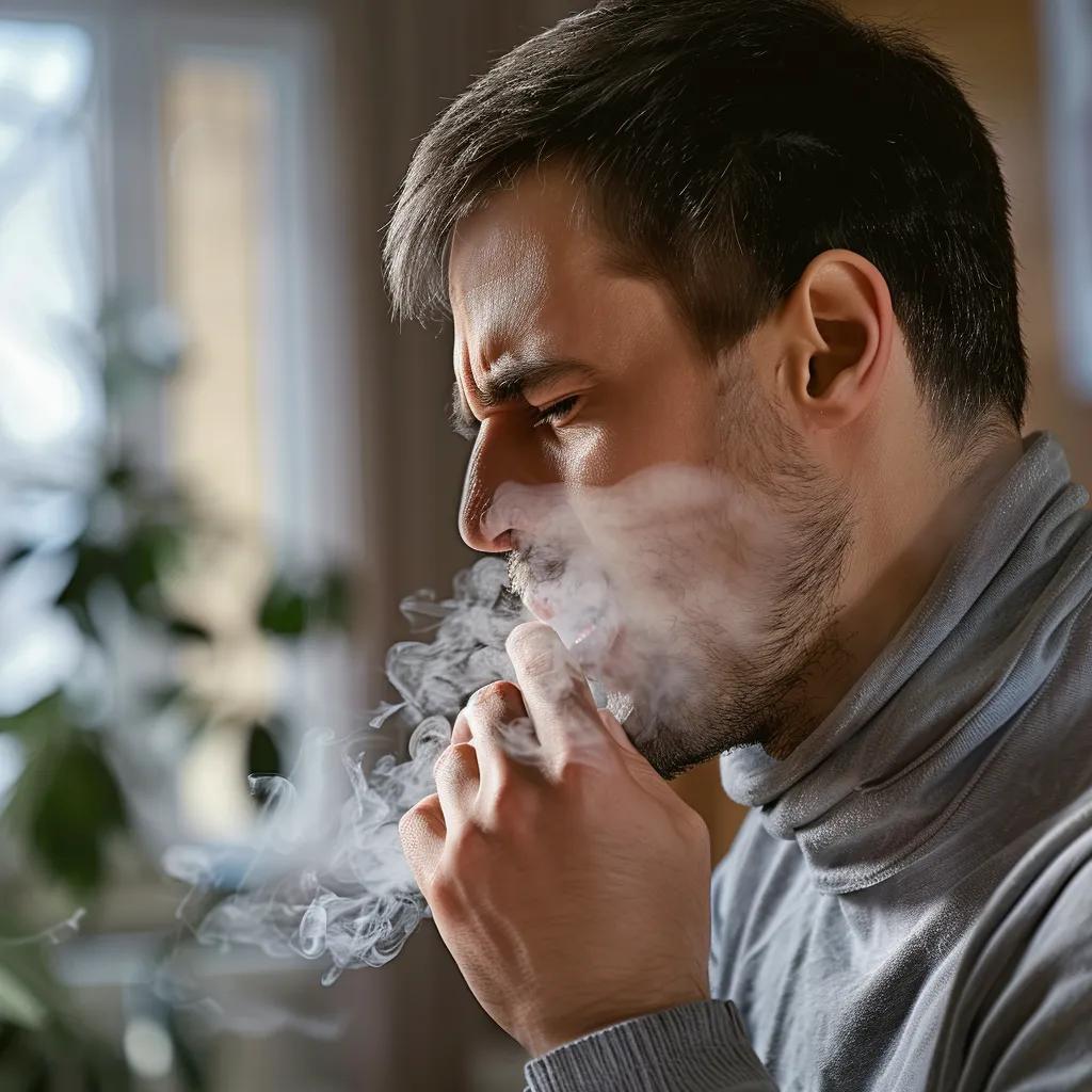 Person experiencing respiratory discomfort due to lingering smoke odors in a home