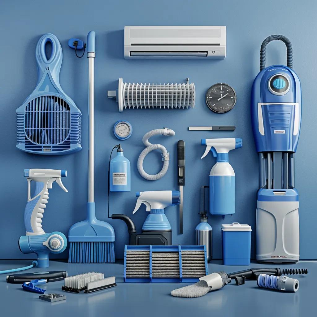 Step-by-step HVAC cleaning process with professional tools in a clean workspace