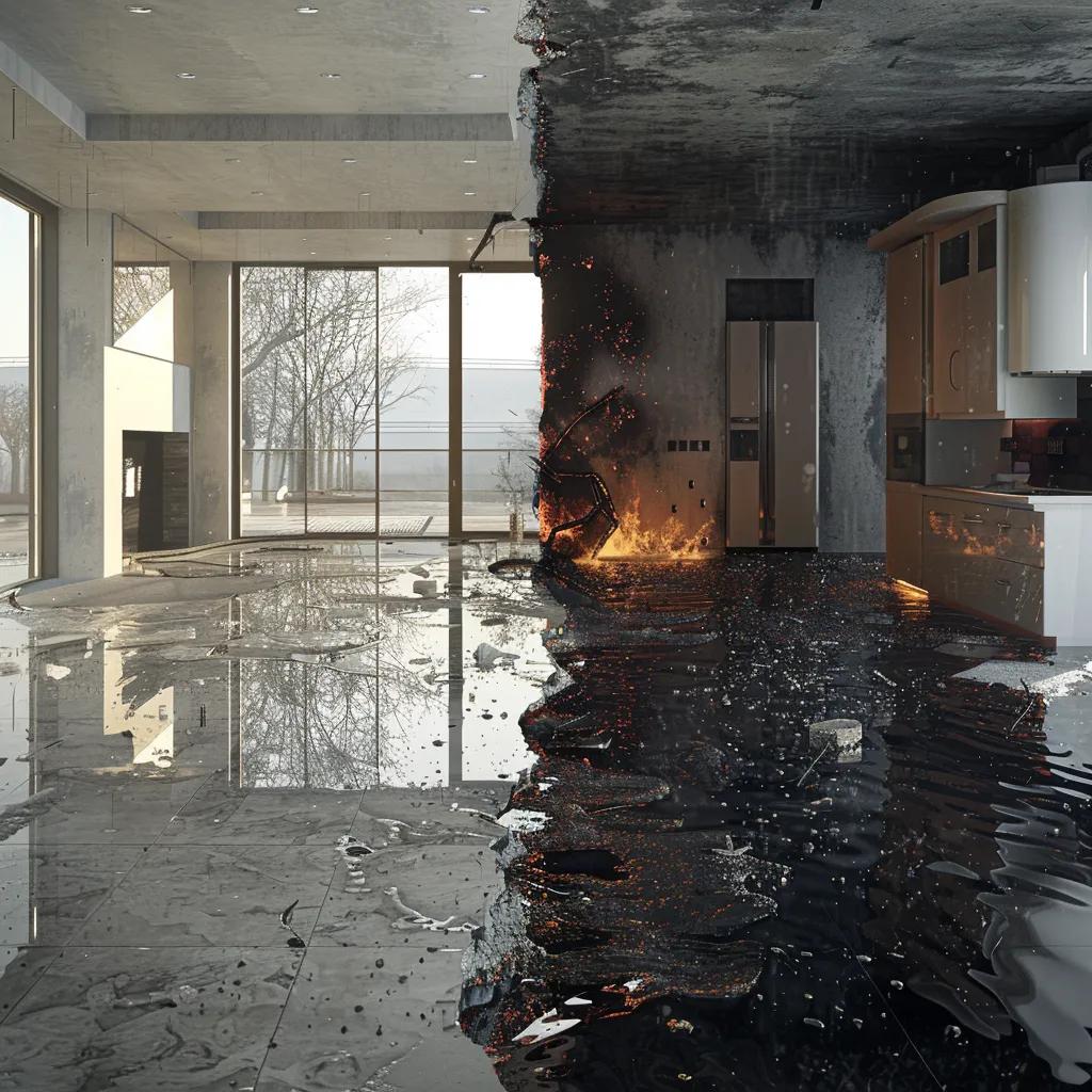 Contrasting visuals of fire damage and water damage restoration, showcasing the urgency of property restoration