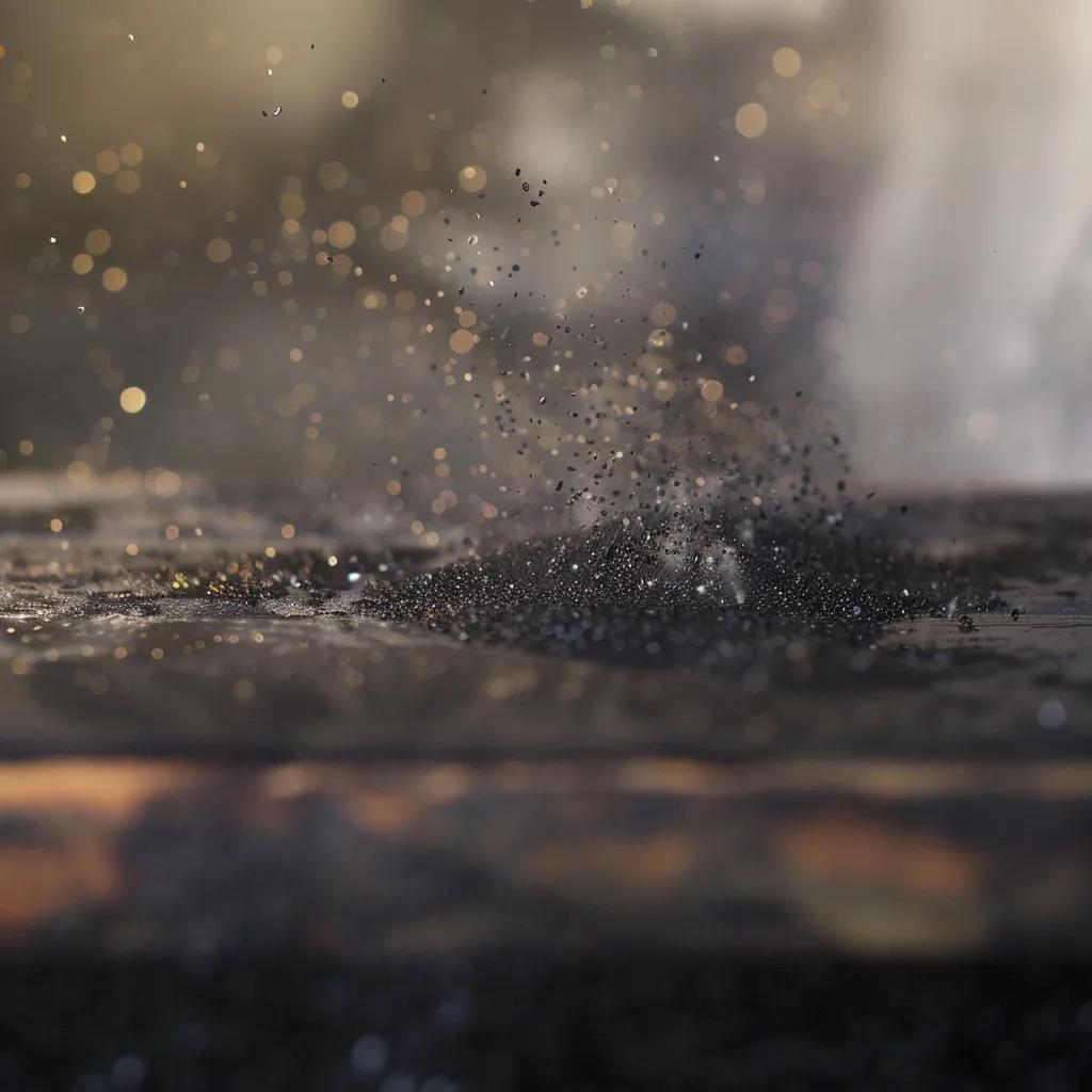 Close-up of oily soot particles on a surface, illustrating health risks associated with exposure