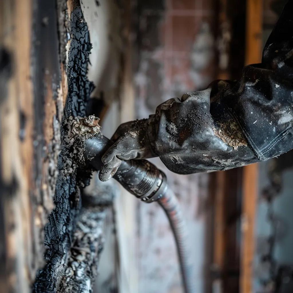 Restoration expert using HEPA-filter vacuum for smoke and soot removal in a fire-damaged home